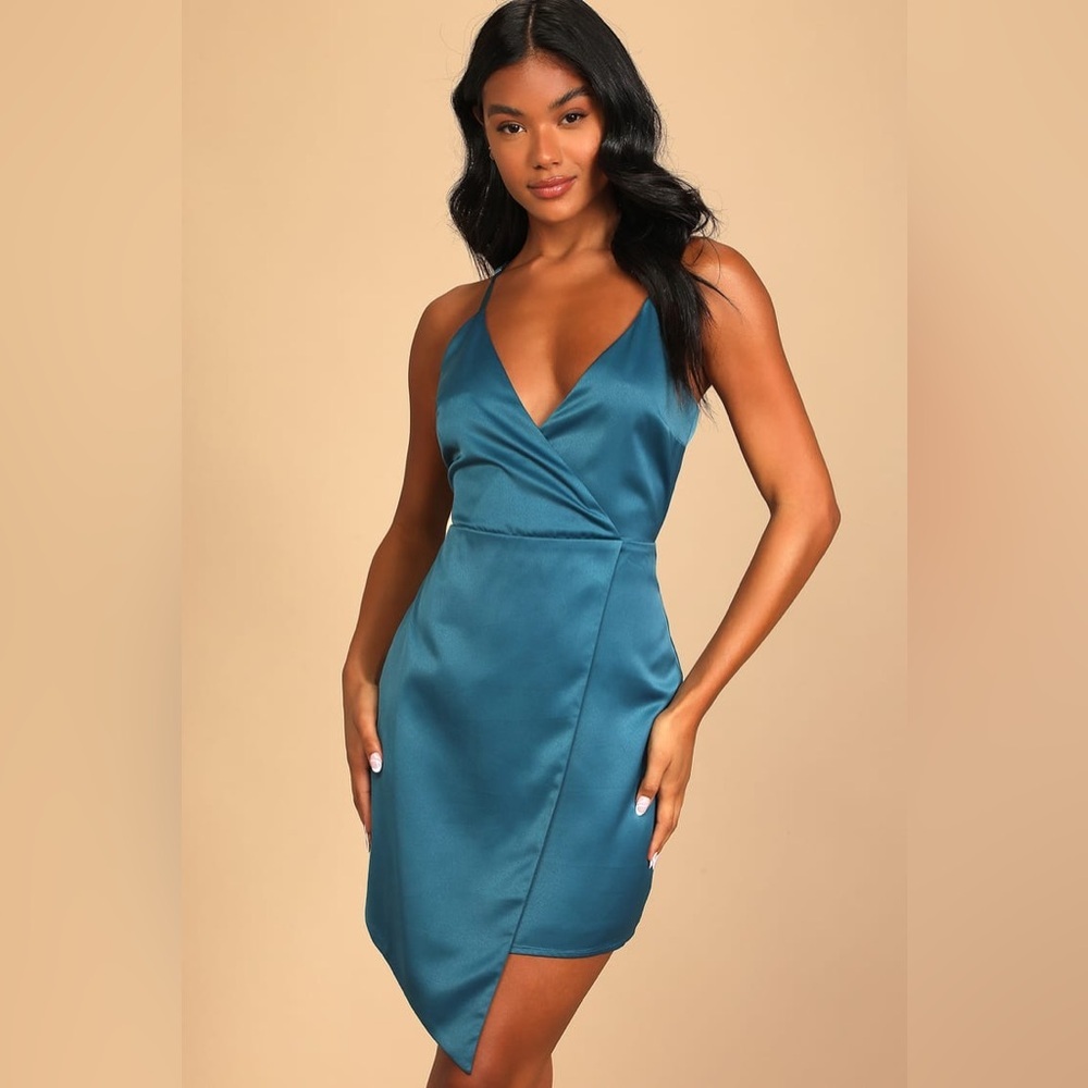 Lulus What a Stunner Dark Teal Blue Asymmetrical Mini Dress Size Large L NWT
